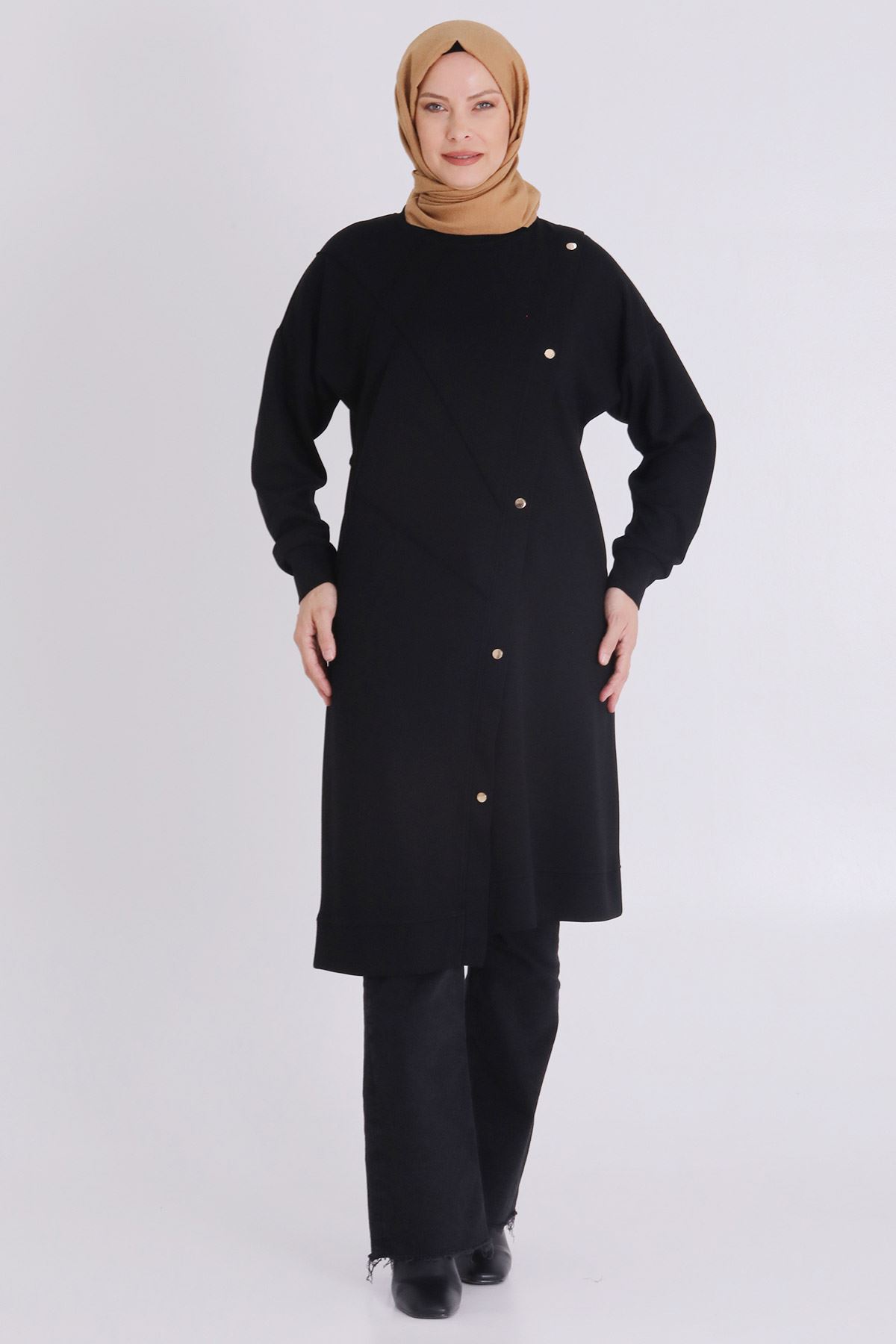 BEHREM VEKA Büyük Beden Tesettür Çıtçıt Detaylı Tunik 2061 Siyah