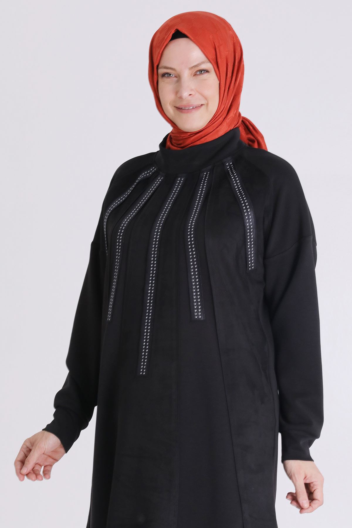 Büyük Beden Tesettür Drop Taşlı Tunik 20124 Siyah