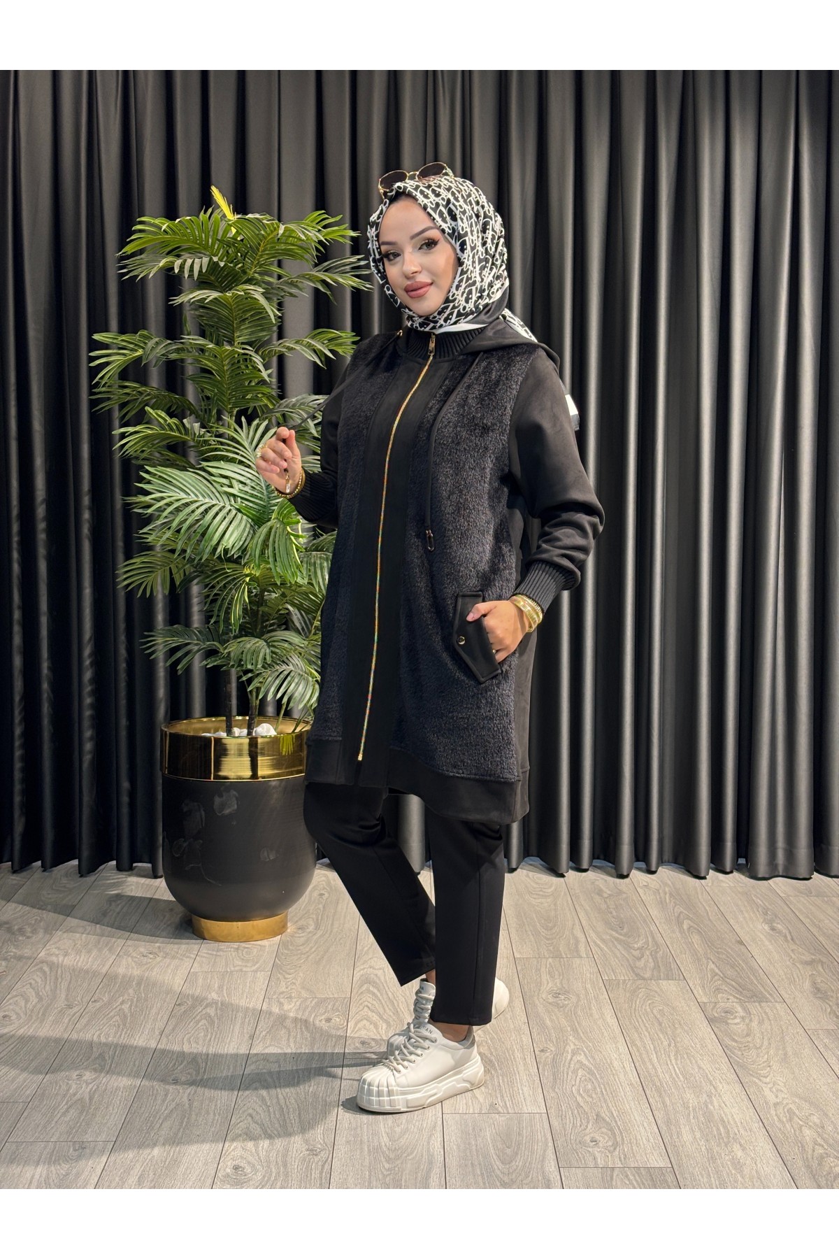 Tesettür Süet Kürklü Kap 25132 Siyah