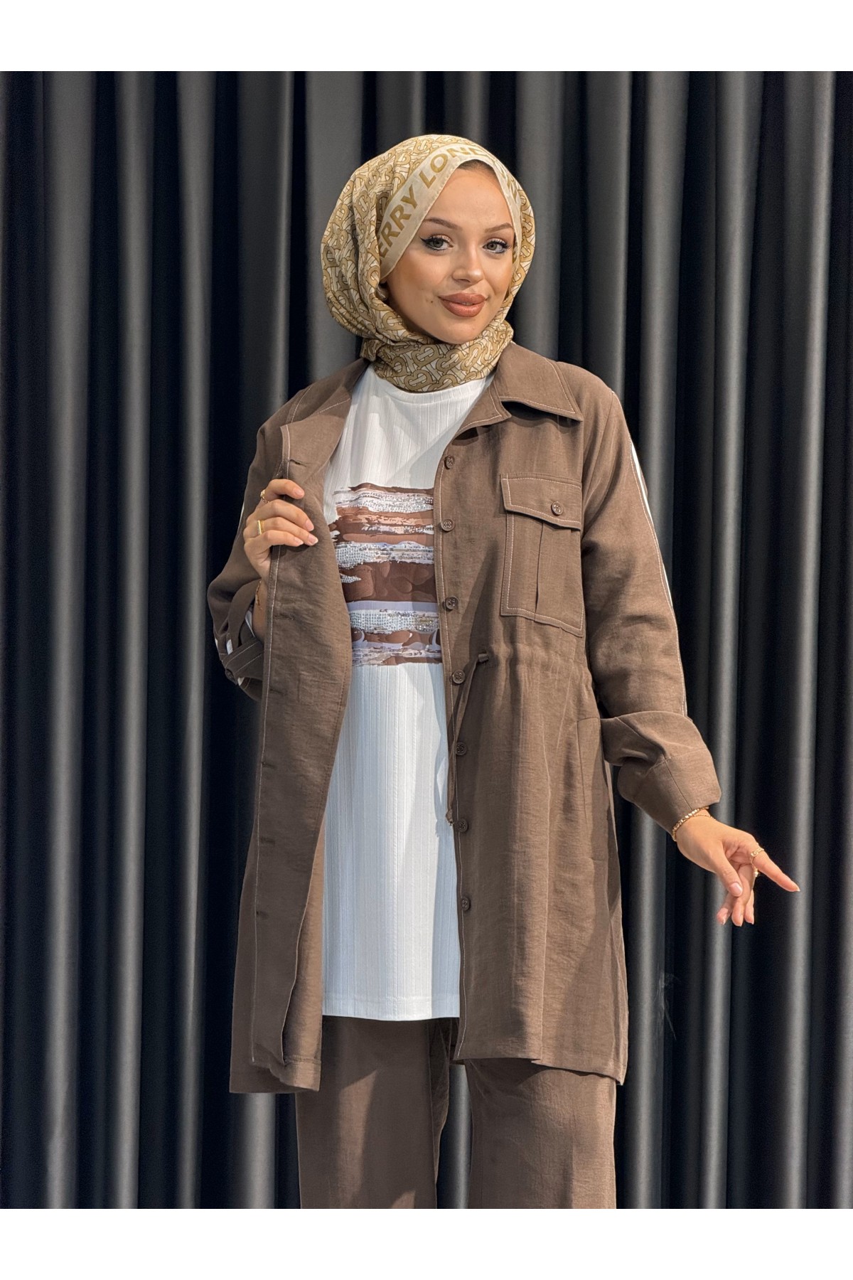 TENCEL CEKET PANTOLON VE PENYE İÇLİ ÜÇLÜ TAKIM 049-KAHVE