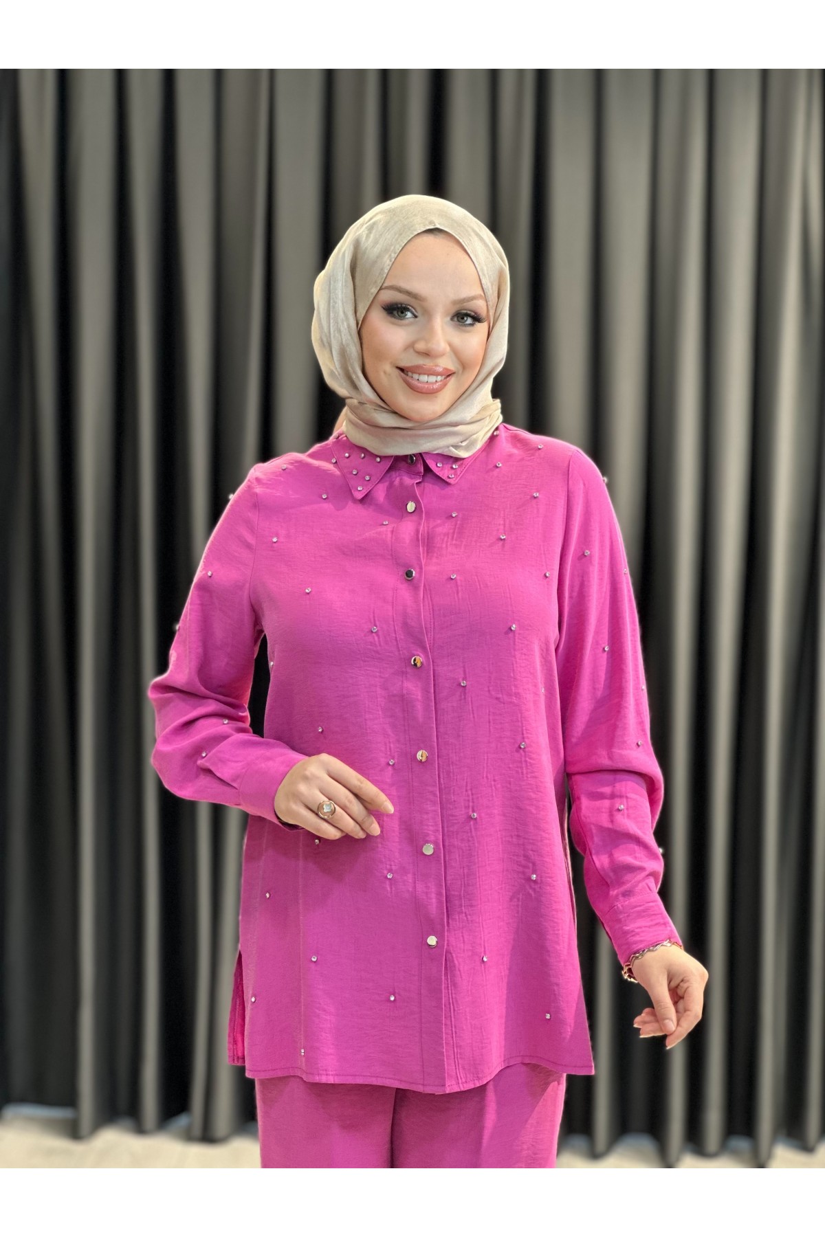 DERİN STORE ÇAKMA TAŞ DETAYLI TAKIM-7323- PEMBE