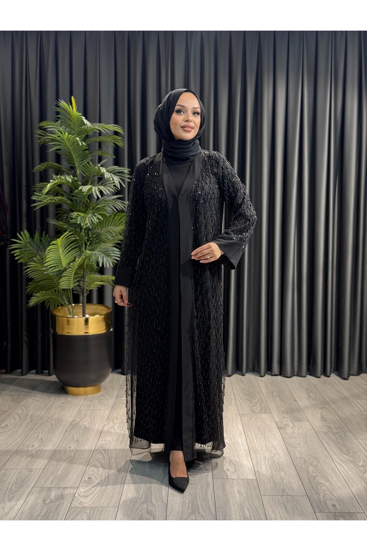 JUKİ SİYAH İNCİLİ ABAYA-5129