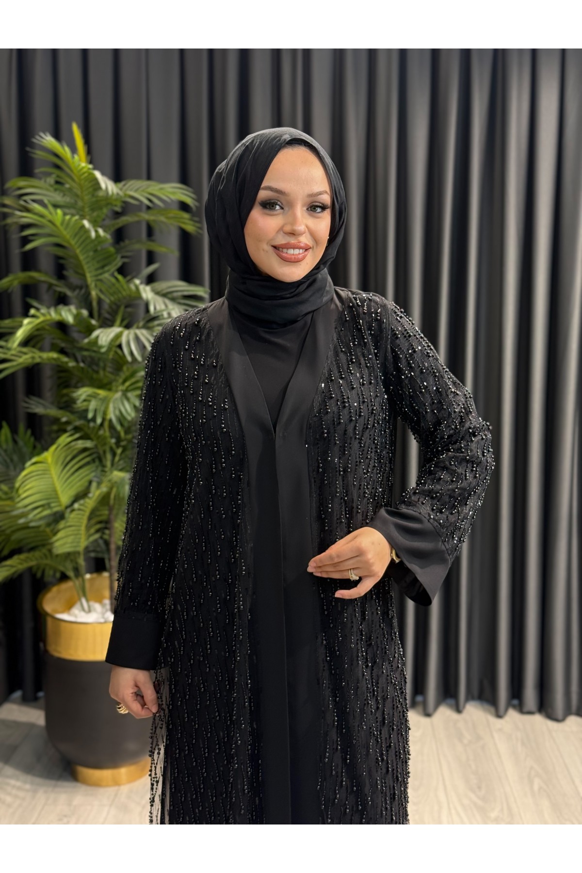 JUKİ SİYAH İNCİLİ ABAYA-5129